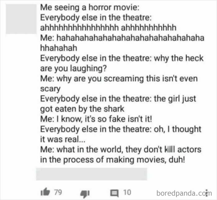 Text conversation showing a funny obvious lie about a horror movie scene from hilariously obvious lies people tried to pass off as true.