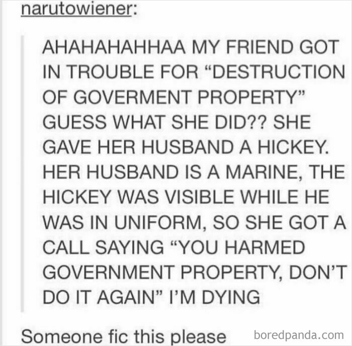 Text post joke about a Marine getting in trouble for a visible hickey, an example of hilariously obvious lies.