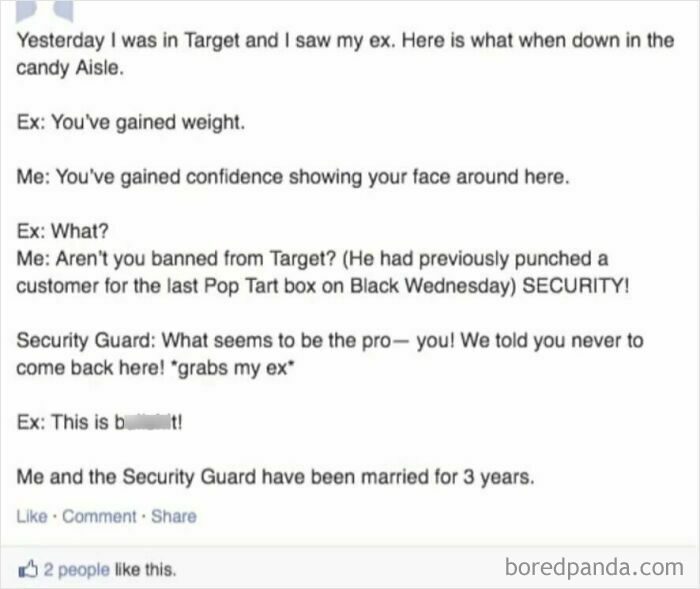 Screenshot of a funny obviously fake story about an ex, a security guard, and a Target confrontation showcasing hilarious obvious lies.