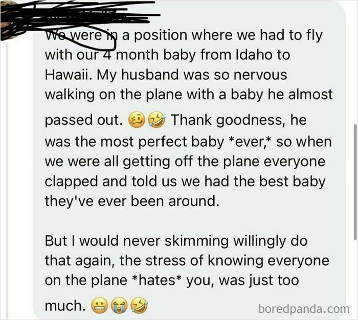 Screenshot of a hilarious obvious lie about flying with a perfect baby and passengers clapping on the plane.