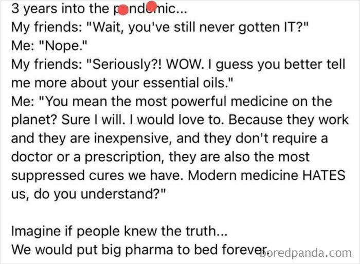 Text image showing a conversation humorously exposing obvious lies people tried to pass off as true about essential oils and medicine.