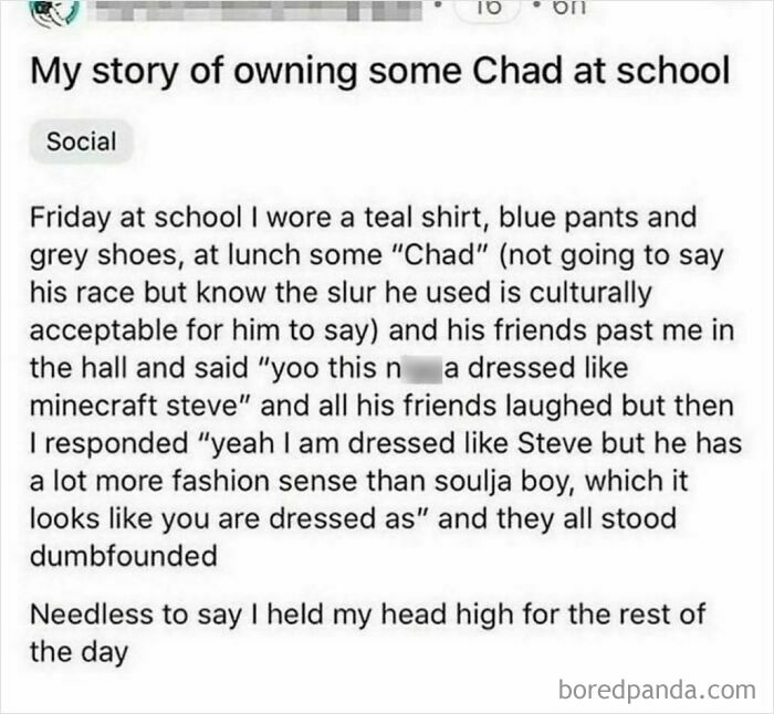 Screenshot of a social media post sharing a hilariously obvious lie about owning someone at school with Minecraft and fashion references.