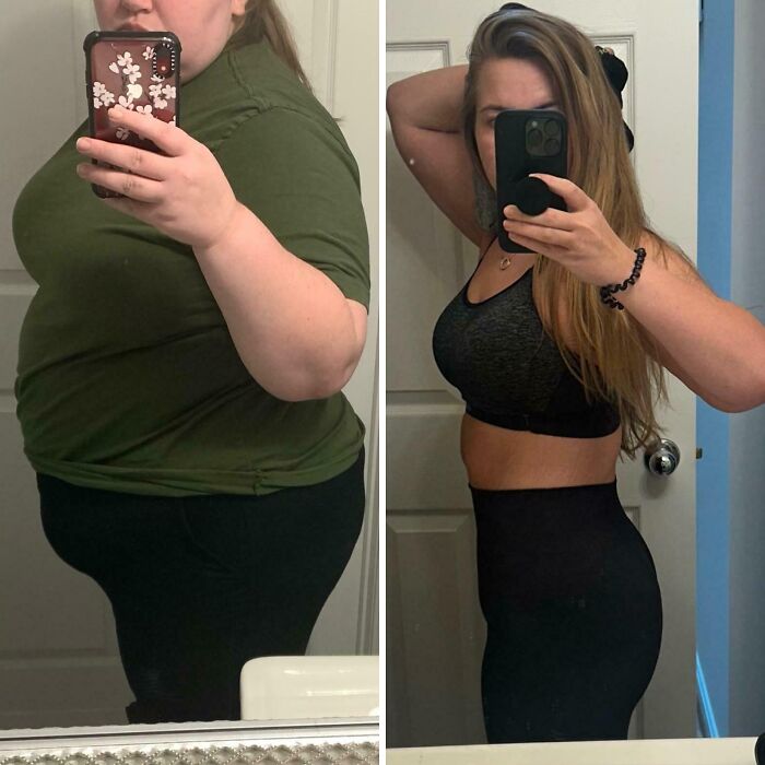 Side-by-side weight loss before and after pics showing significant transformation and fitness progress in a bathroom mirror selfie.