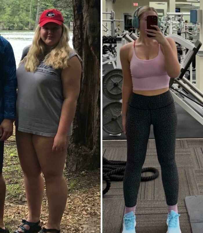 Side-by-side inspiring weight loss before and after pics showing a woman's transformation from outdoors to gym setting.