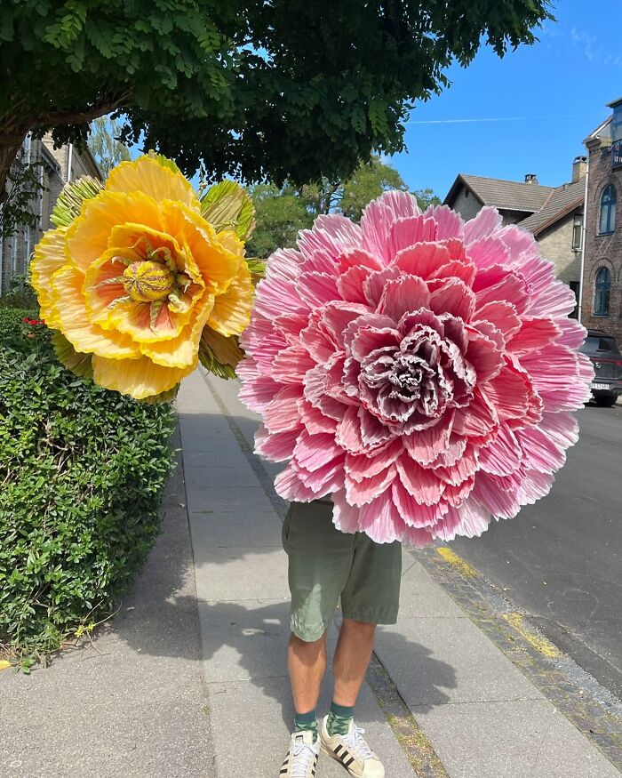 Person holding two giant tissue paper flowers, one yellow and one pink, on a sidewalk in a residential area.
