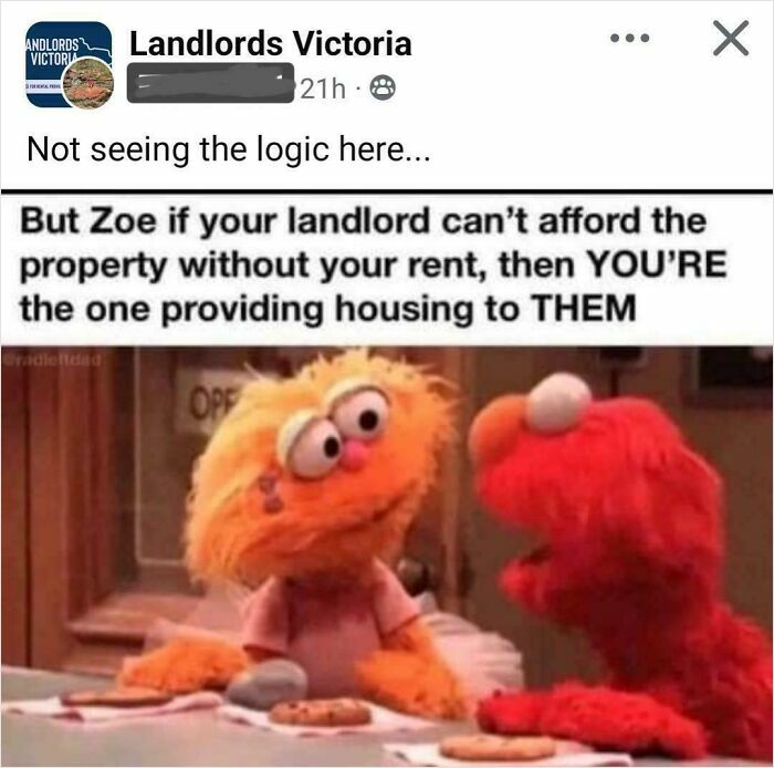 Meme featuring Sesame Street characters discussing landlords and rent, highlighting bad landlords making renting a nightmare.