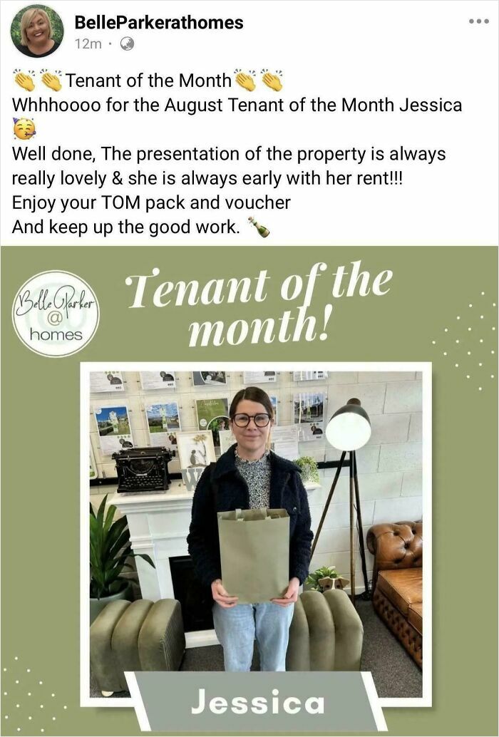 Woman holding a gift bag in a cozy living room, highlighting bad landlords who made renting a total nightmare.