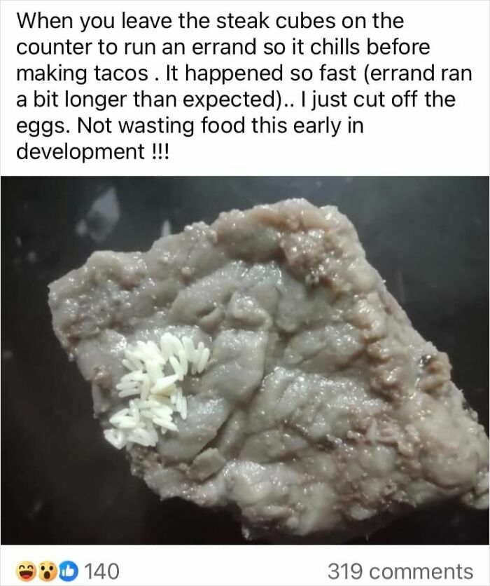 Raw meat with white maggot-like larvae growing, an example of cursed food pics that may trigger discomfort.