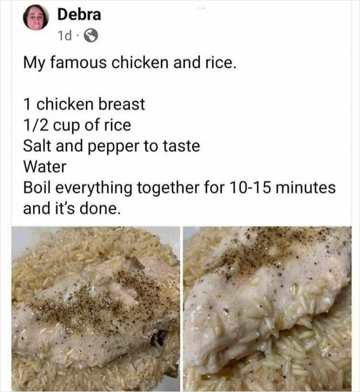 Chicken and rice boiled together showing a bland, unappetizing cursed food dish with rice and chicken breast.