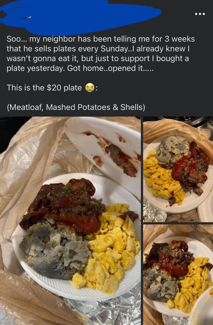 Plate of cursed food showing questionable meatloaf, mashed potatoes with mold, and mac and cheese in a plastic bag container