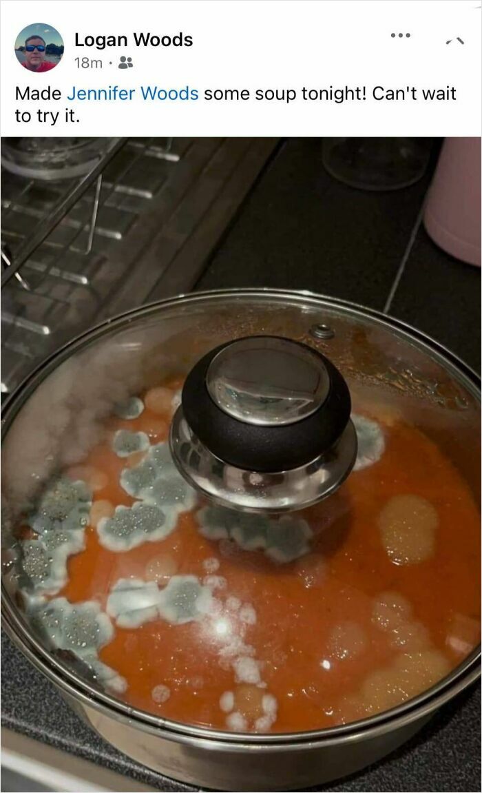 Pot of soup covered in mold with green and white fuzzy spots, an example of cursed food pics showing spoiled food.