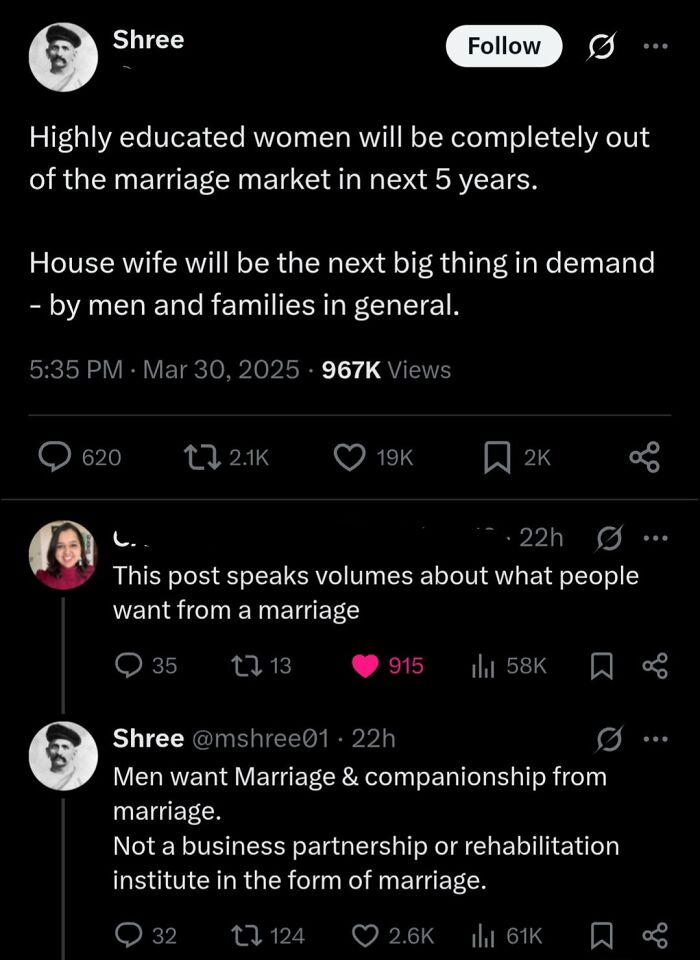 Tweet screenshot showing sexist views about marriage, highlighting sexist men opinions that exclude educated women.