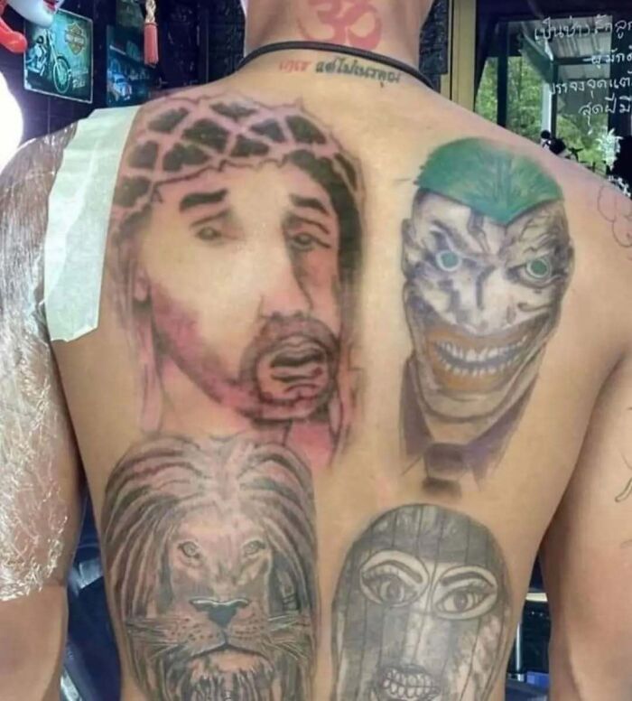 Back tattoos featuring funny, interesting, and bad designs including distorted faces and a lion.