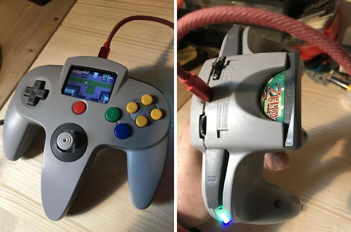 Retro gaming controller with built-in screen playing a Zelda game, illustrating vintage devices and technology evolution.