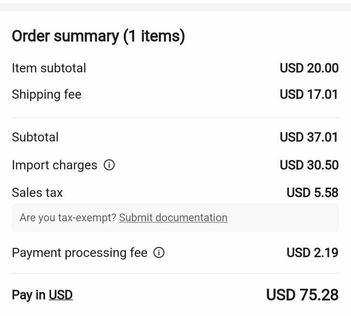 Order summary showing high tariffs and import charges increasing the total price paid by regular Americans.