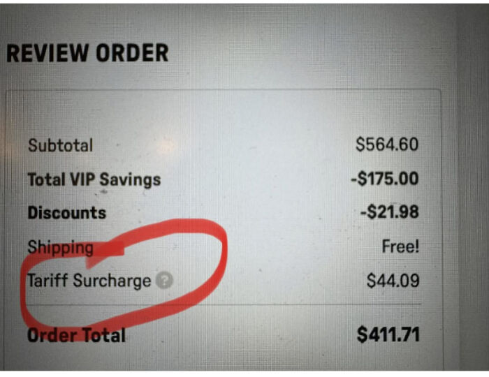 Order summary showing a $44.09 tariff surcharge highlighted, illustrating the impact of high tariffs on regular Americans.
