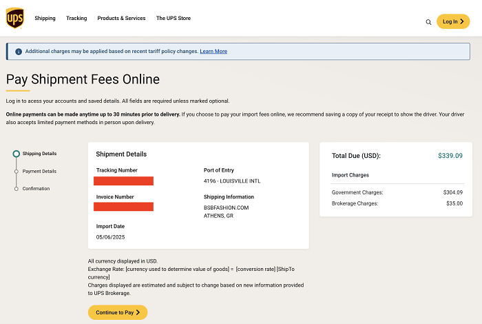 UPS shipment fee receipt showing import charges and high tariffs affecting regular Americans paying the price for goods.