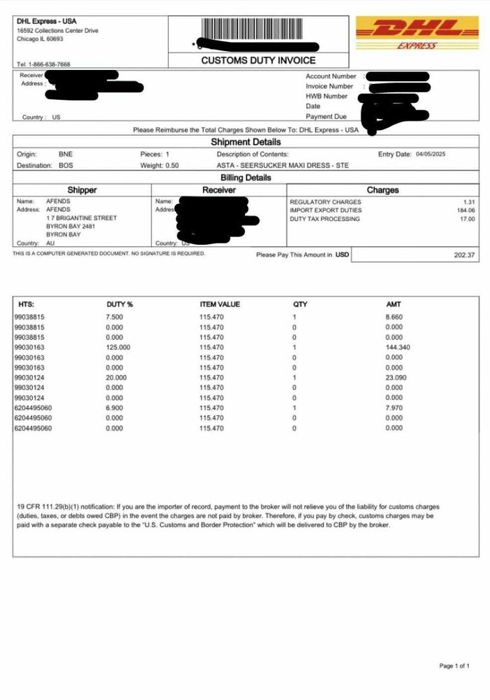 Customs duty invoice showing high tariffs and import export duties impacting regular Americans on shipments.