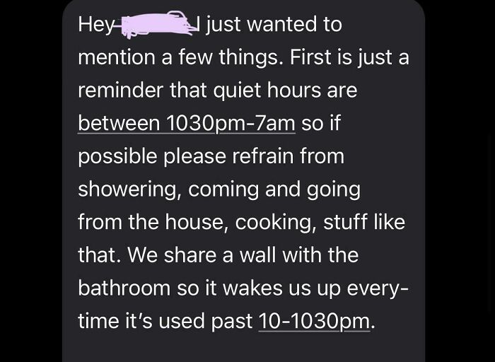 Text message from landlord reminding tenant about quiet hours between 10:30 pm and 7 am to avoid noise disturbances.