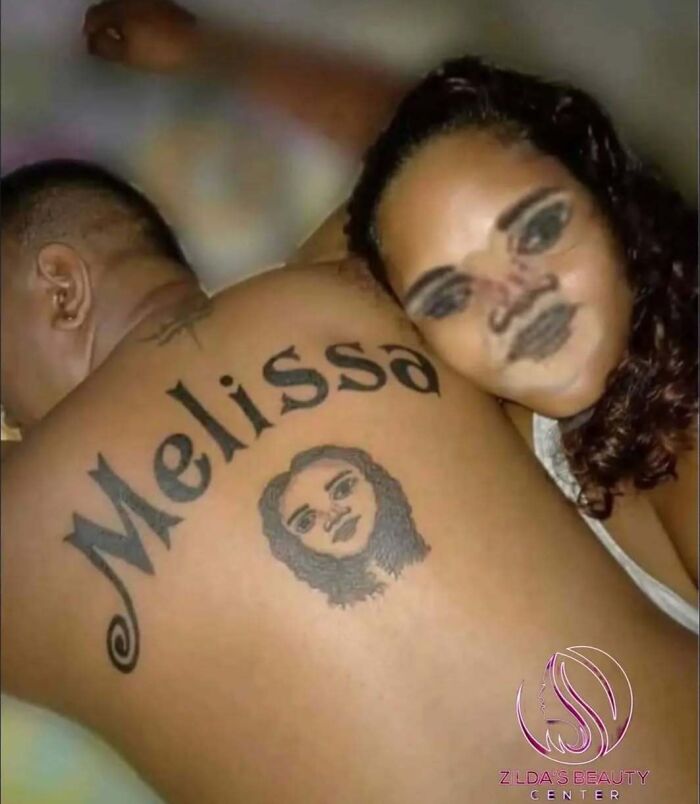 Tattoo of the name Melissa and a poorly drawn face portrait matching the person's distorted face, funny and bad tattoos example.