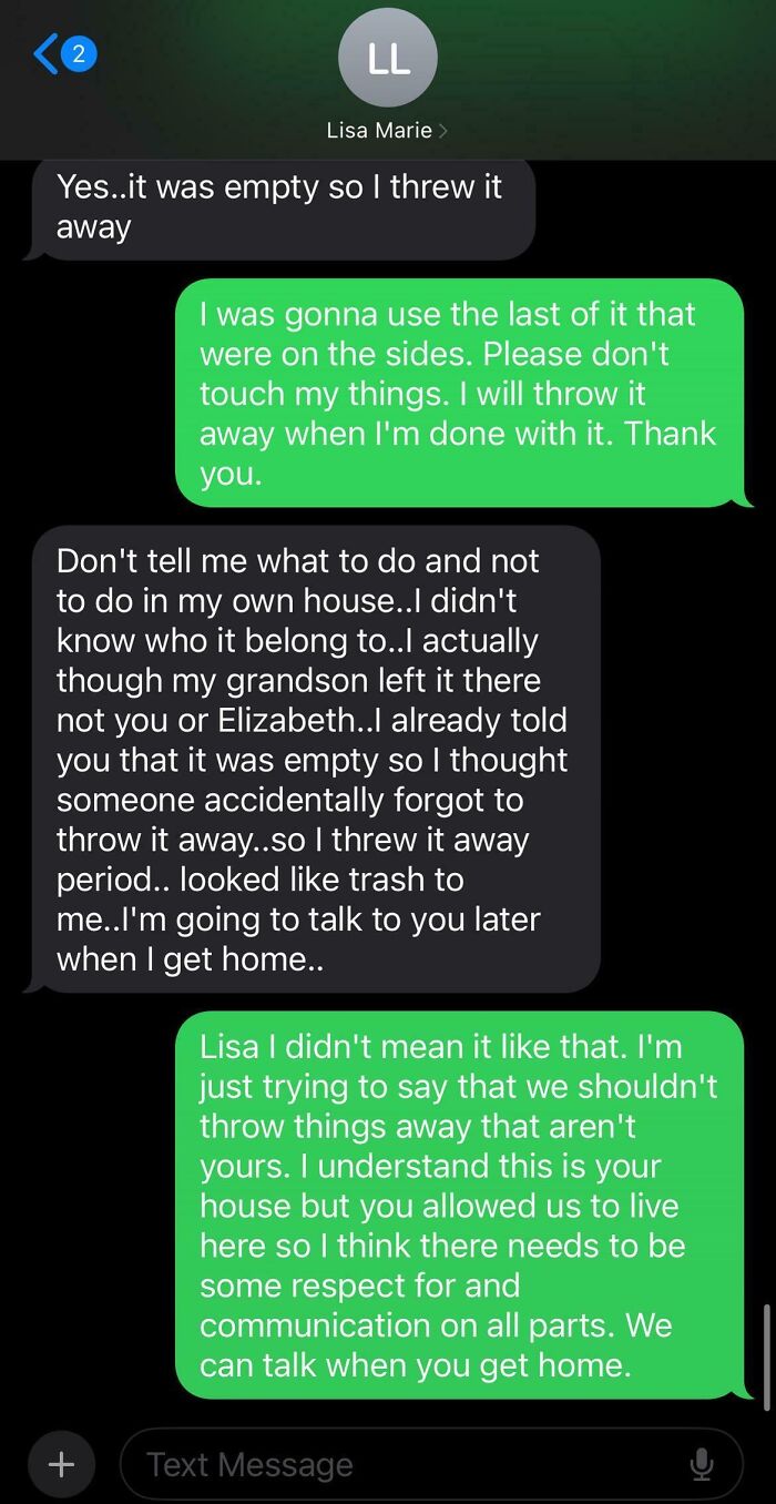 Text message exchange showing a tenant confronting landlord about throwing away personal belongings causing renter frustration.