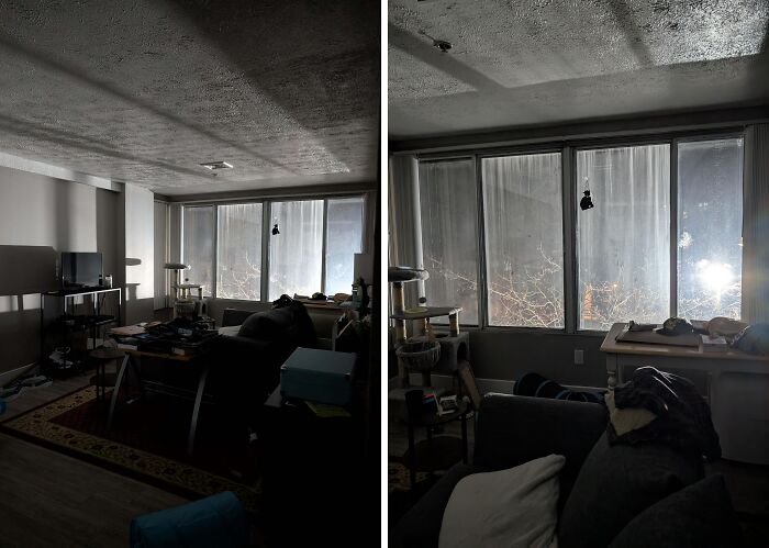 Dimly lit living room with cluttered furniture and large windows, showing an example of infuriating landlord rental conditions.
