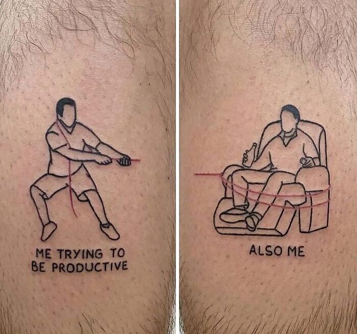 Two minimalistic tattoos showing a man tangled in red string, representing funny and interesting bad tattoos.