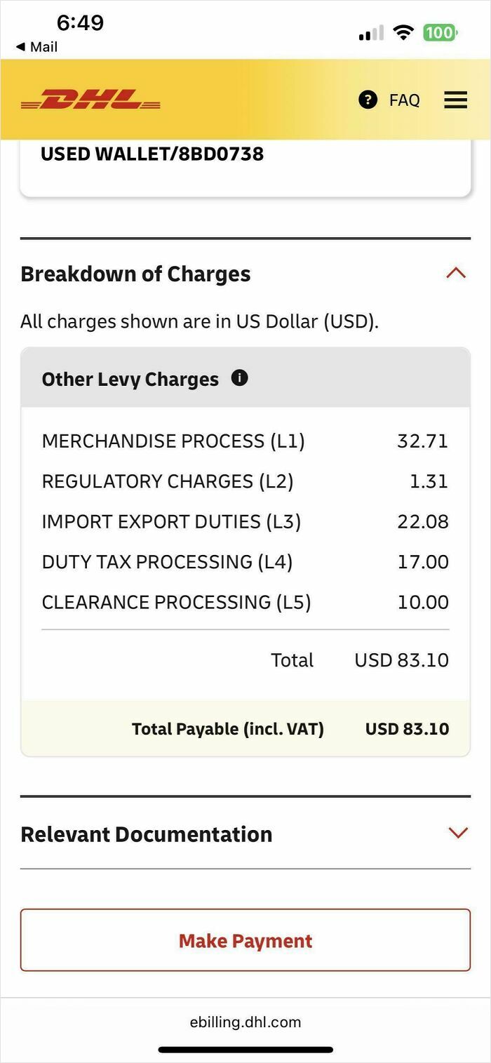 DHL bill showing breakdown of charges including import export duties and taxes highlighting impact of high tariffs on Americans.