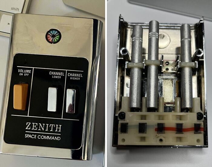 Vintage Zenith Space Command remote control with internal components, showcasing vintage devices and technology evolution.