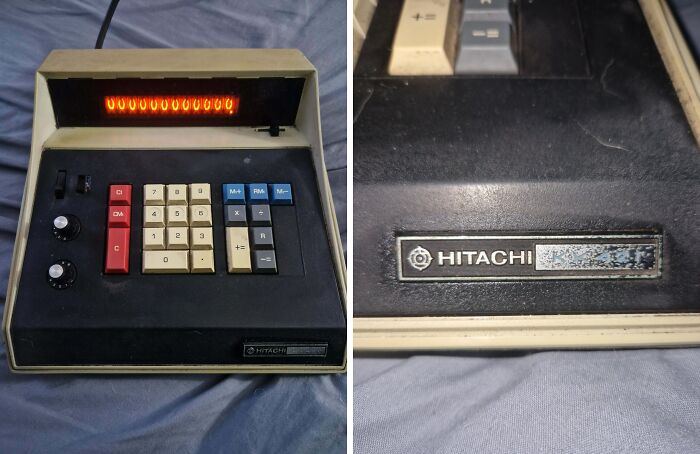 Vintage Hitachi calculator with illuminated display and colored function keys, showcasing classic vintage devices in technology history.