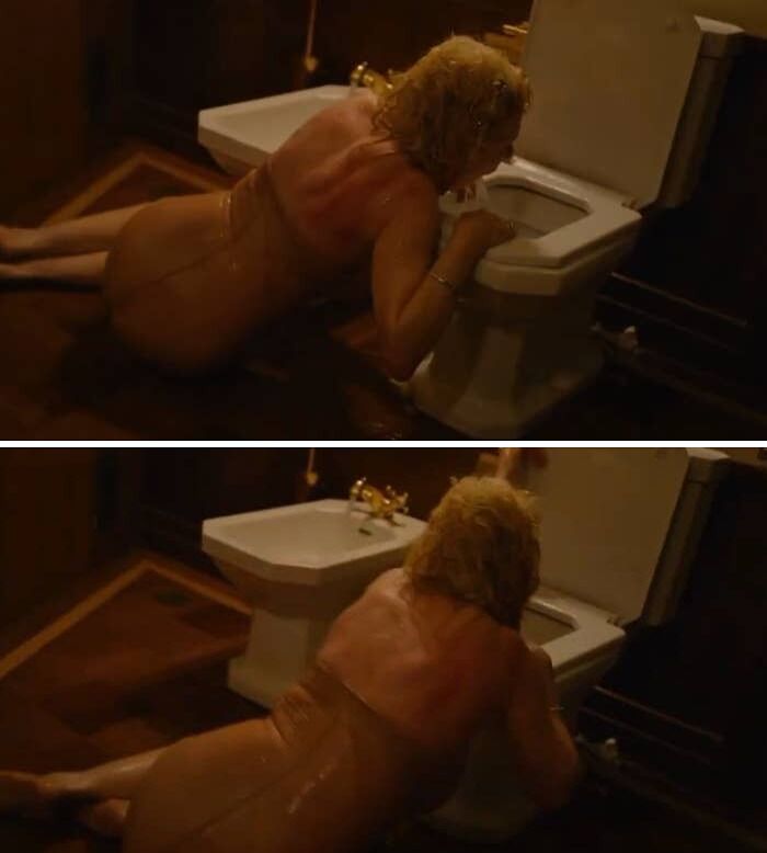 Actress recovering on the floor beside a toilet during a tense behind-the-scenes moment from movies and TV.