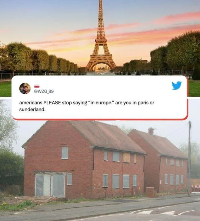 A tweet humorously contrasts Paris and Sunderland, paired with images to highlight Great British memes about UK living.