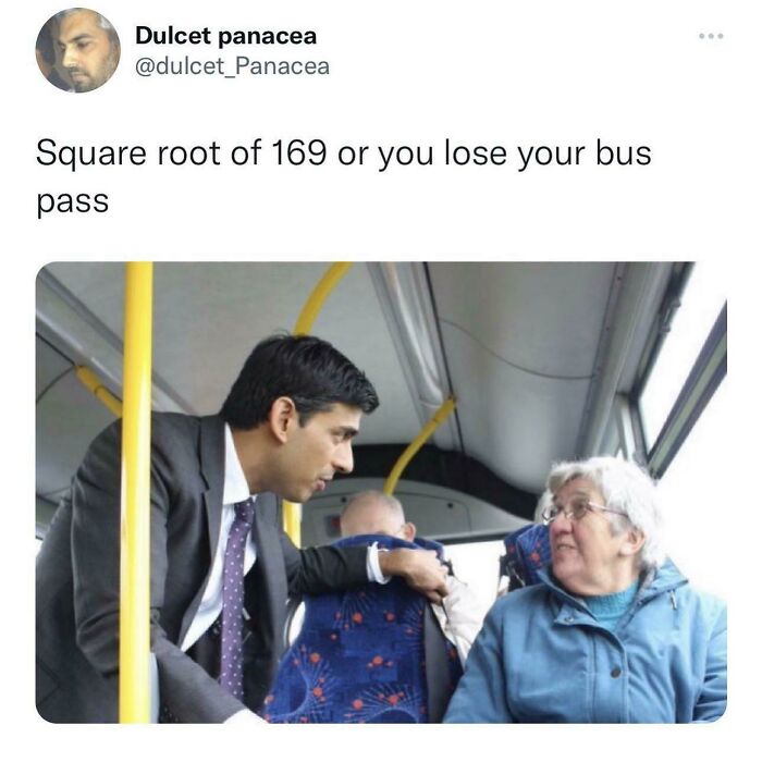 Man in a suit quizzes elderly woman on math on a bus, humorous scene from Great British memes about UK life.