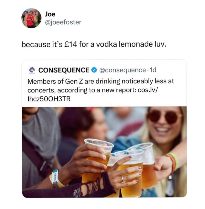 Social media meme about expensive drinks and Gen Z drinking less, featuring a group toasting with beer cups in a UK setting.