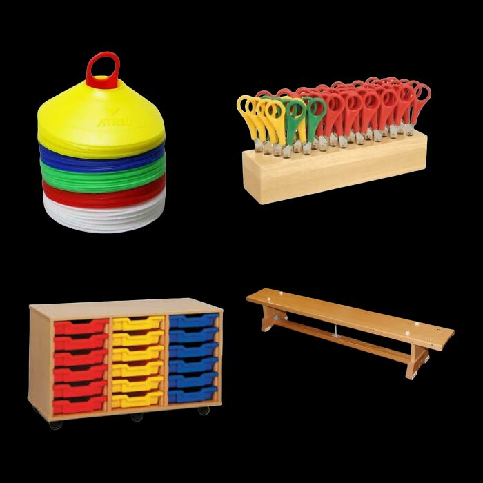 Colored sports cones, scissors, storage trays, and a wooden bench, items common in Great British memes about school life.