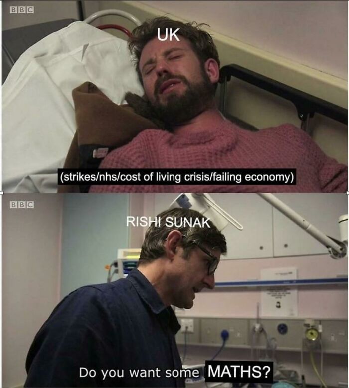 Man labeled UK lying in bed stressed about strikes and economy, while man labeled Rishi Sunak offers maths in hospital setting, British memes.