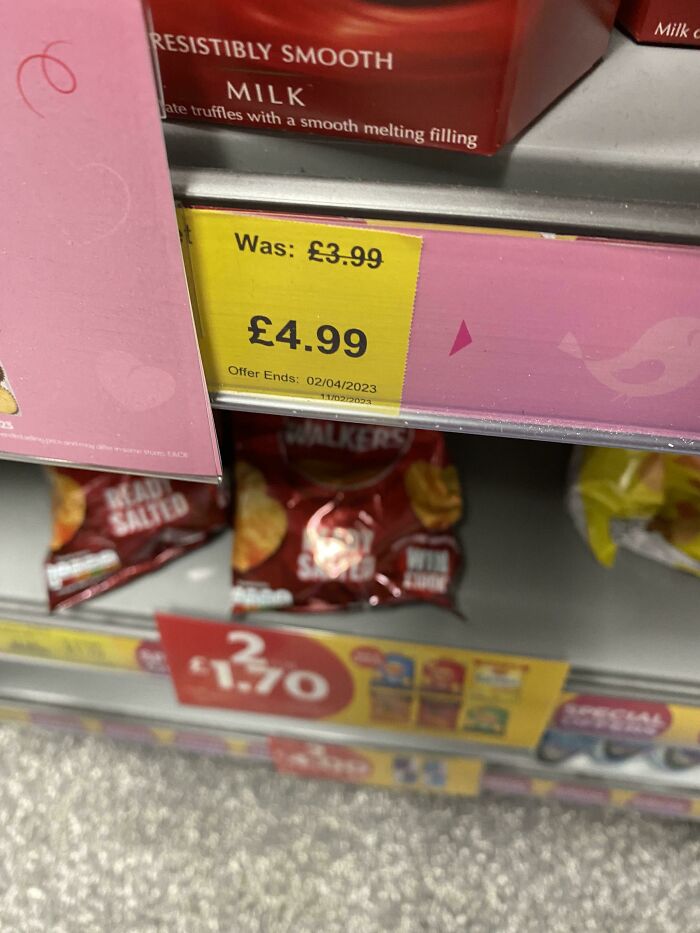Price label in a UK shop showing item marked up from £3.99 to £4.99, reflecting a typical Great British memes scenario.