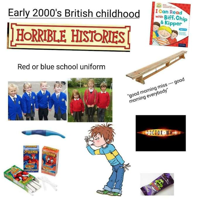 Early 2000s British childhood memories including school uniforms, Horrible Histories, and classic UK snacks in great British memes.