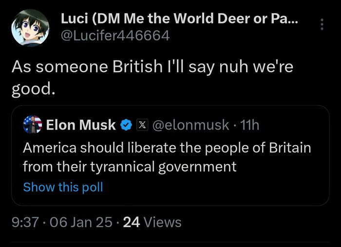 Tweet reply from a British user humorously rejecting America's offer to liberate Britain, related to Great British memes.