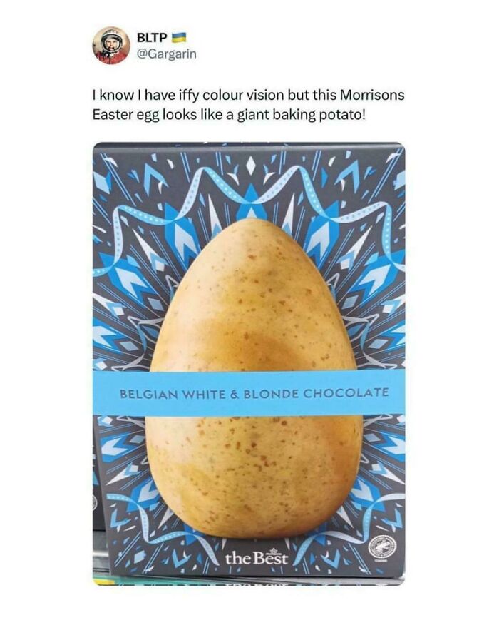 Morrisons Easter egg resembling a giant baking potato, featuring Belgian white and blonde chocolate packaging in a Great British meme.