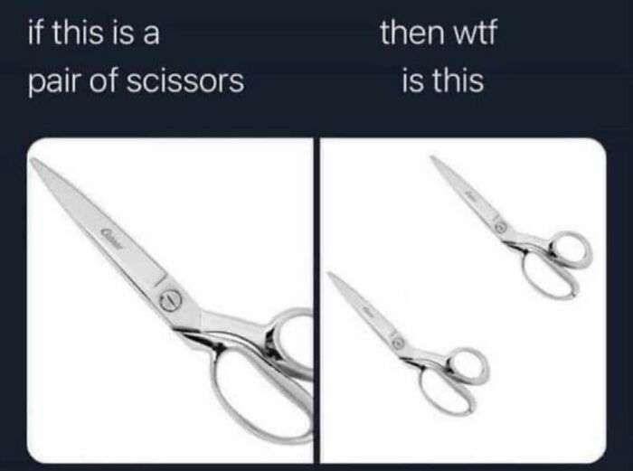 Comparison of two pairs of scissors in a humorous British meme illustrating confusion, part of Great British memes collection.