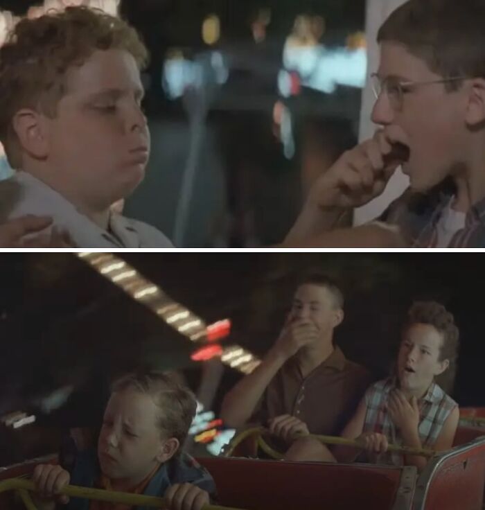 Two scenes from a movie showing young actors on a carnival ride, illustrating horrifying behind-the-scenes facts from movies.