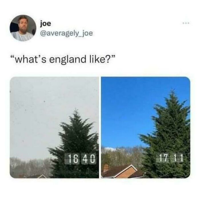 Great British memes showing England’s unpredictable weather with grey sky changing to clear blue in minutes.