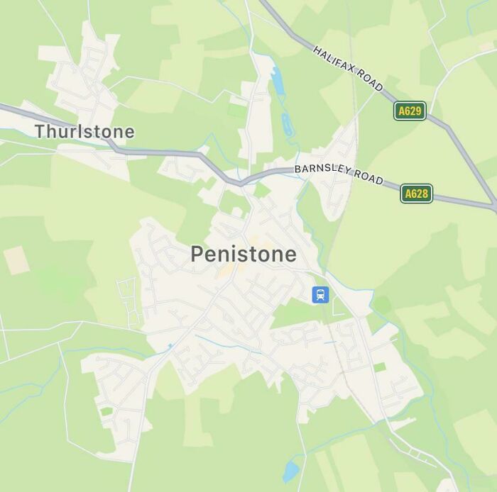 Map showing Penistone and Thurlstone areas with roads and train station in Great Britain memes context.