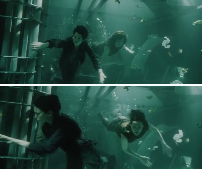 Actors performing intense underwater scenes on a movie set, illustrating horrifying behind-the-scenes facts from movies and TV.