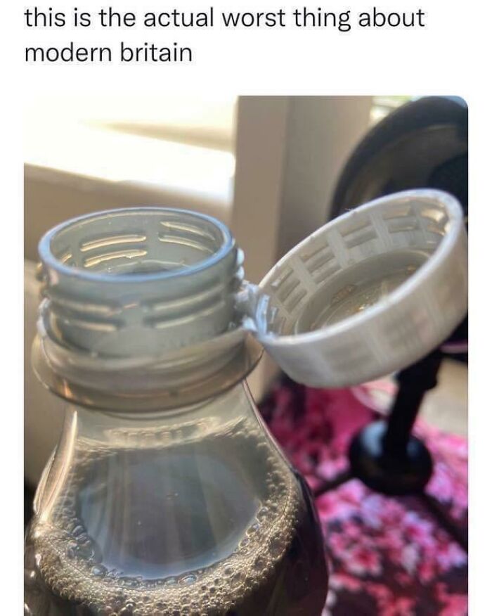 Plastic bottle with a twisted open cap, illustrating a common annoyance in modern Britain in Great British memes.