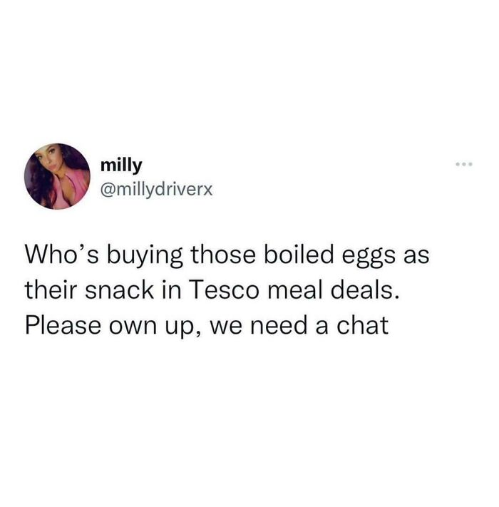Tweet from milly questioning who buys boiled eggs as a snack in Tesco meal deals, part of Great British memes humor.