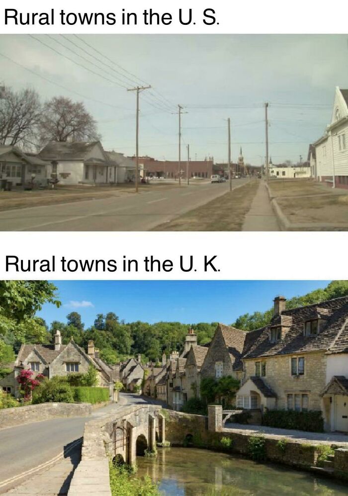 Comparison of rural towns in the U.S. and U.K. showcasing charming Great British memes scenery for UK humor fans.