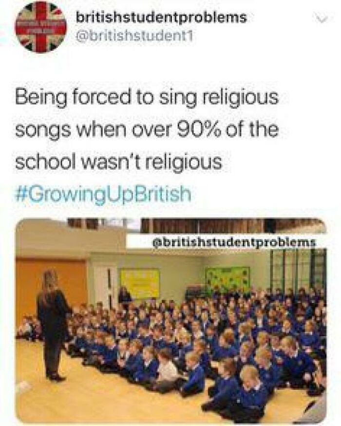 British schoolchildren sitting on the floor being forced to sing religious songs against their beliefs in a funny Great British memes post.