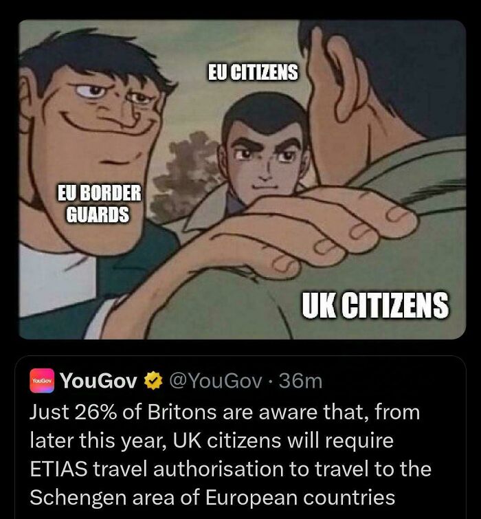 Meme showing EU border guards, EU citizens, and UK citizens with a YouGov tweet about UK travel authorization awareness.